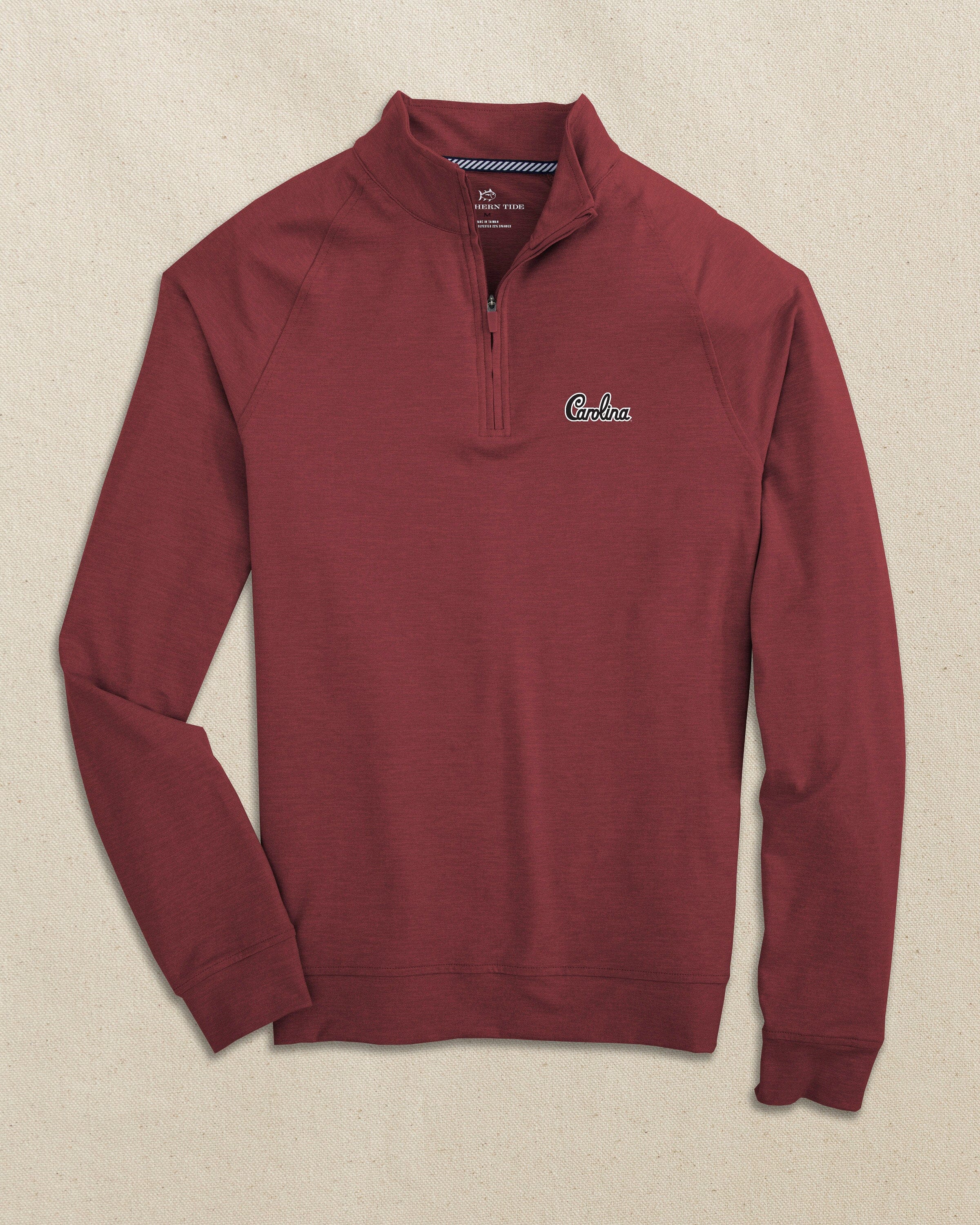The front view of the Southern Tide USC Gamecocks Carolina Script Cruiser Quarter Zip by Southern Tide - Heather Chianti